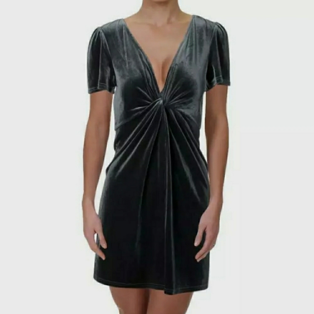AQUA Dusty Blue Velvet Knot-Font Mini Dress